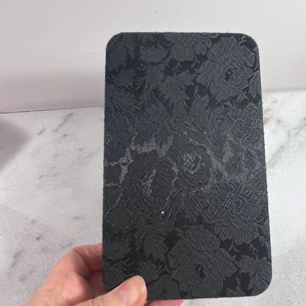 Vintage black floral fabric jewelry box, keepsake box